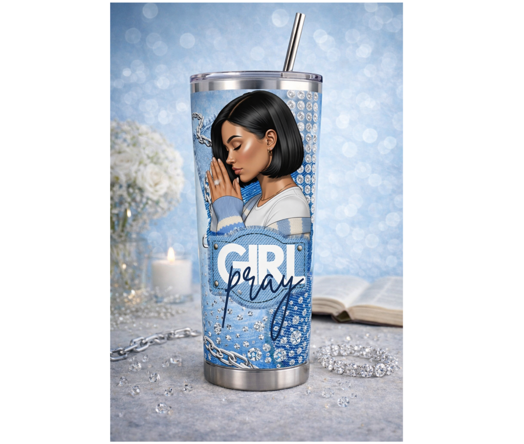 Tumbler with a design of a woman with a  Sleek Bob praying and the text 'Girl Pray' on a blue background.