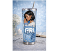 Tumbler with a design of a woman with a  Sleek Bob praying and the text 'Girl Pray' on a blue background.