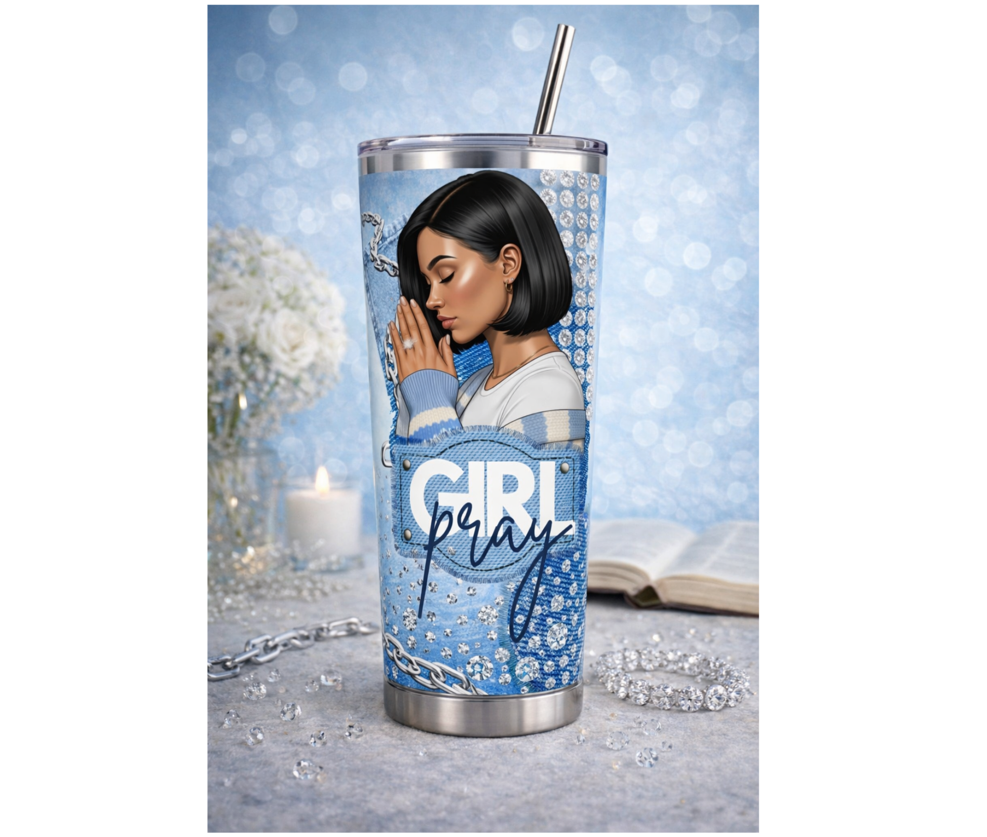 Tumbler with a design of a woman with a  Sleek Bob praying and the text 'Girl Pray' on a blue background.