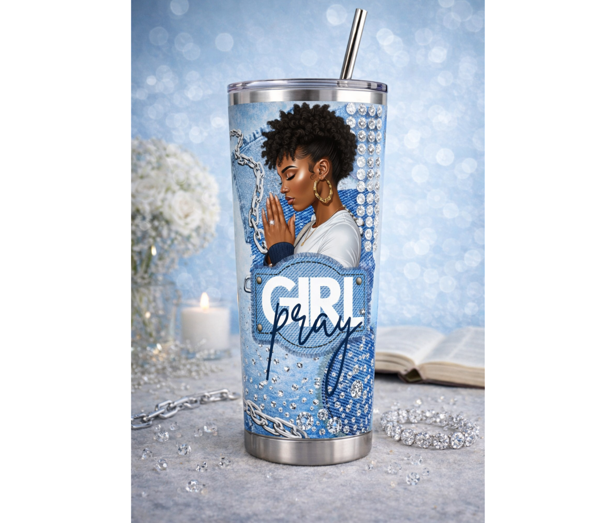 Tumbler with a design of a woman with natural textured hair praying and the text 'Girl Pray' on a blue background.
