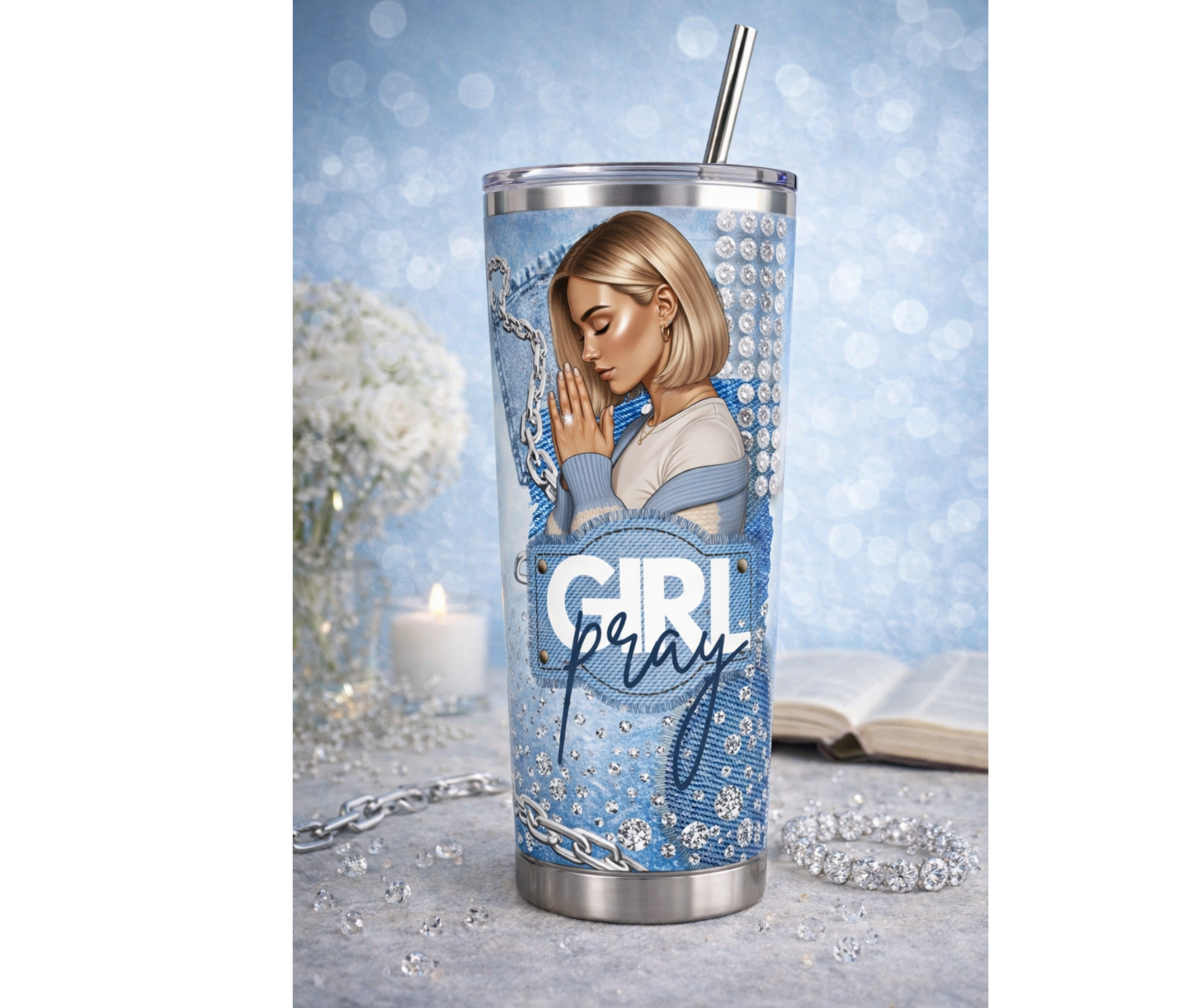 Tumbler with a design of a woman with a blonde bob praying and the text 'Girl Pray' on a blue background.