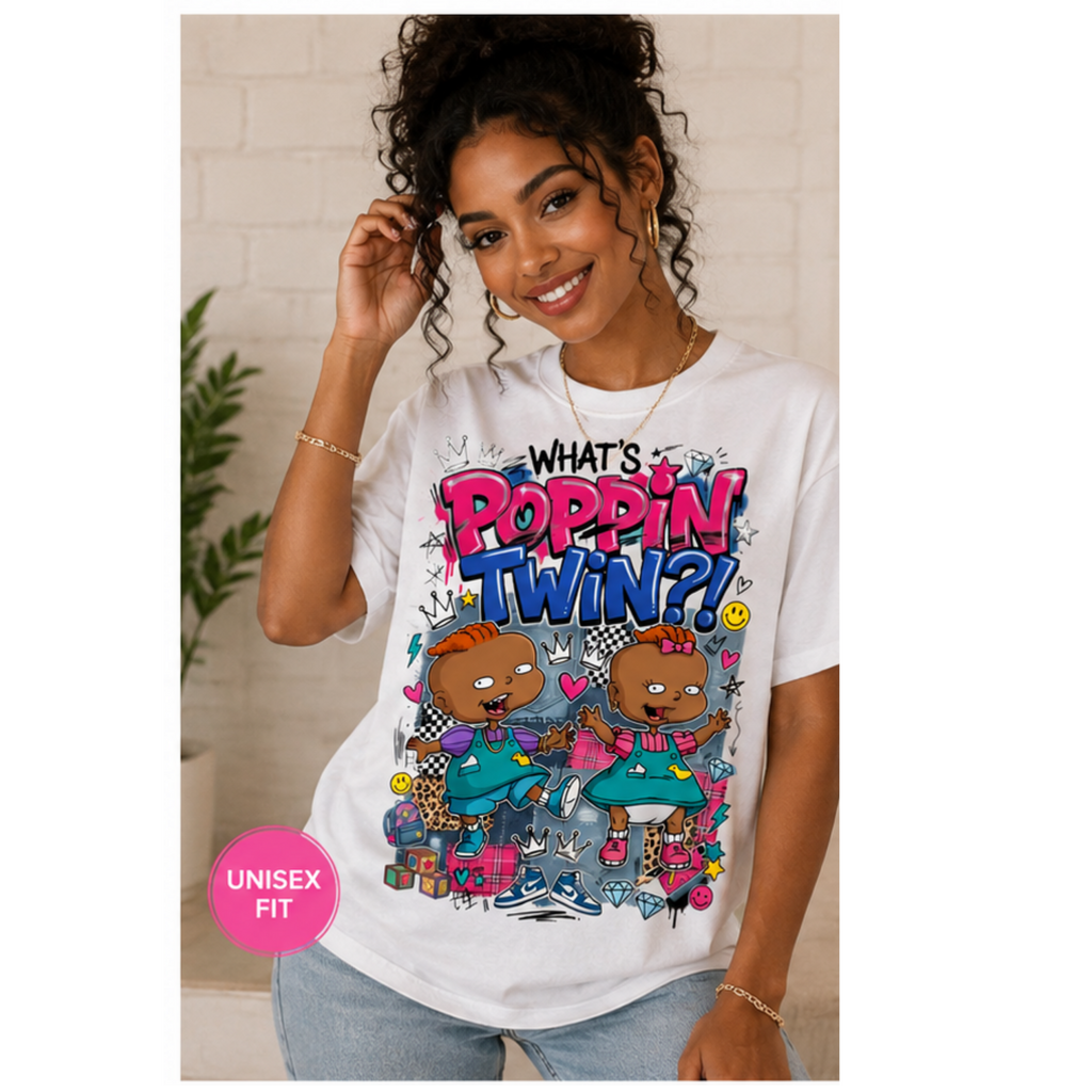 What’s Poppin’ Twin?! Graphic T-Shirt | Matching Twin Tee | Cute Sibling Shirt | Fun Cartoon Style Tee