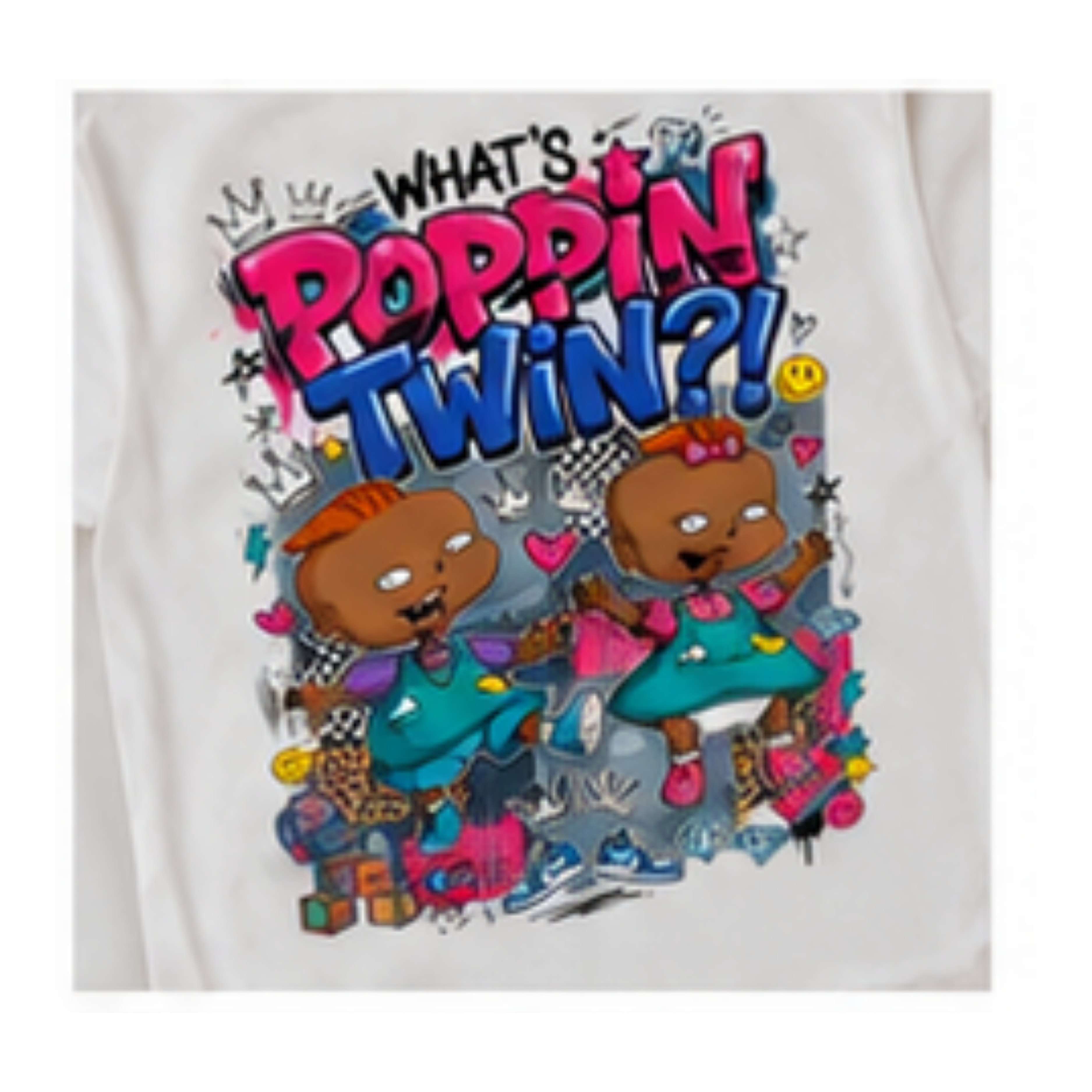 What’s Poppin’ Twin?! Graphic T-Shirt | Matching Twin Tee | Cute Sibling Shirt | Fun Cartoon Style Tee