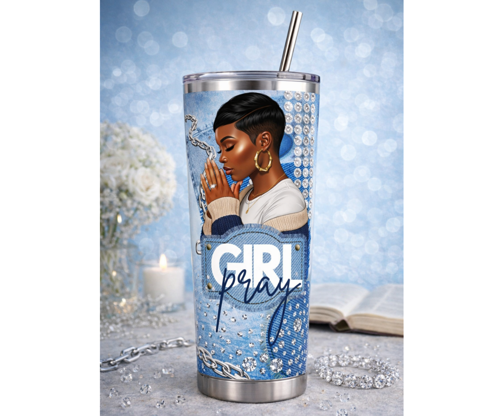 Tumbler with a design of a woman with a short pixie cut praying and the text 'Girl Pray' on a blue background.