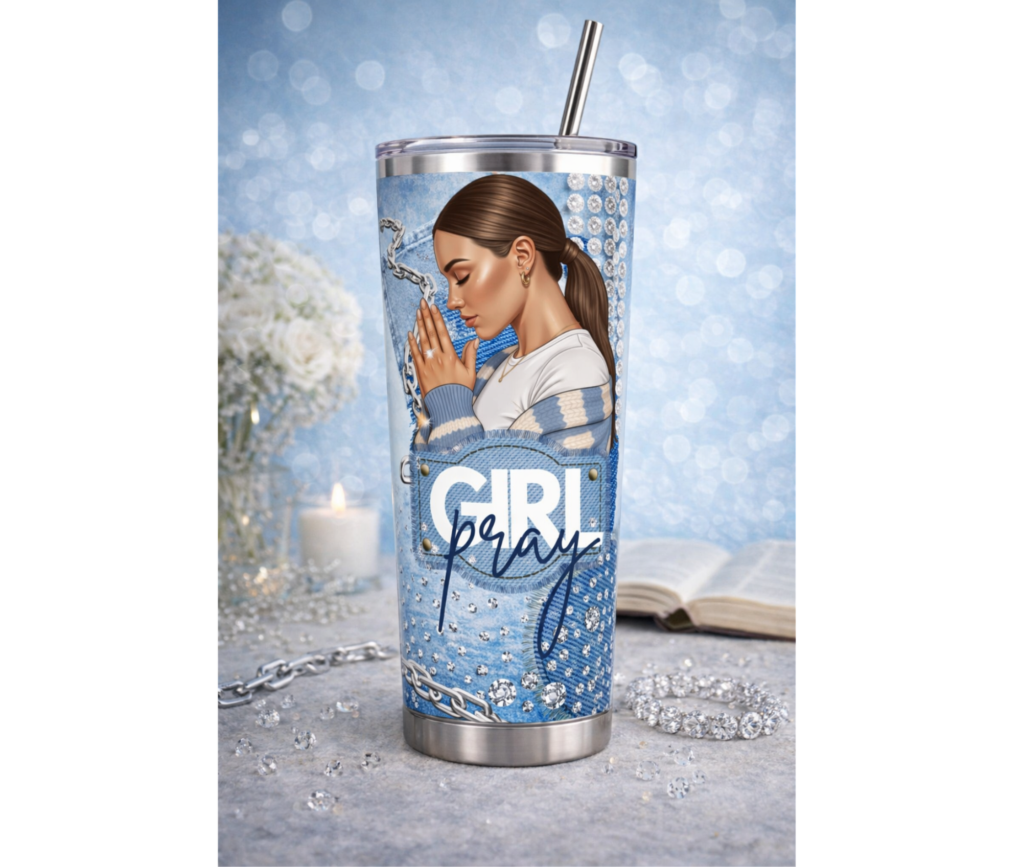 Tumbler with a design of a person with long pony tail praying, text 'Girl Pray', and decorative elements on a blue background.