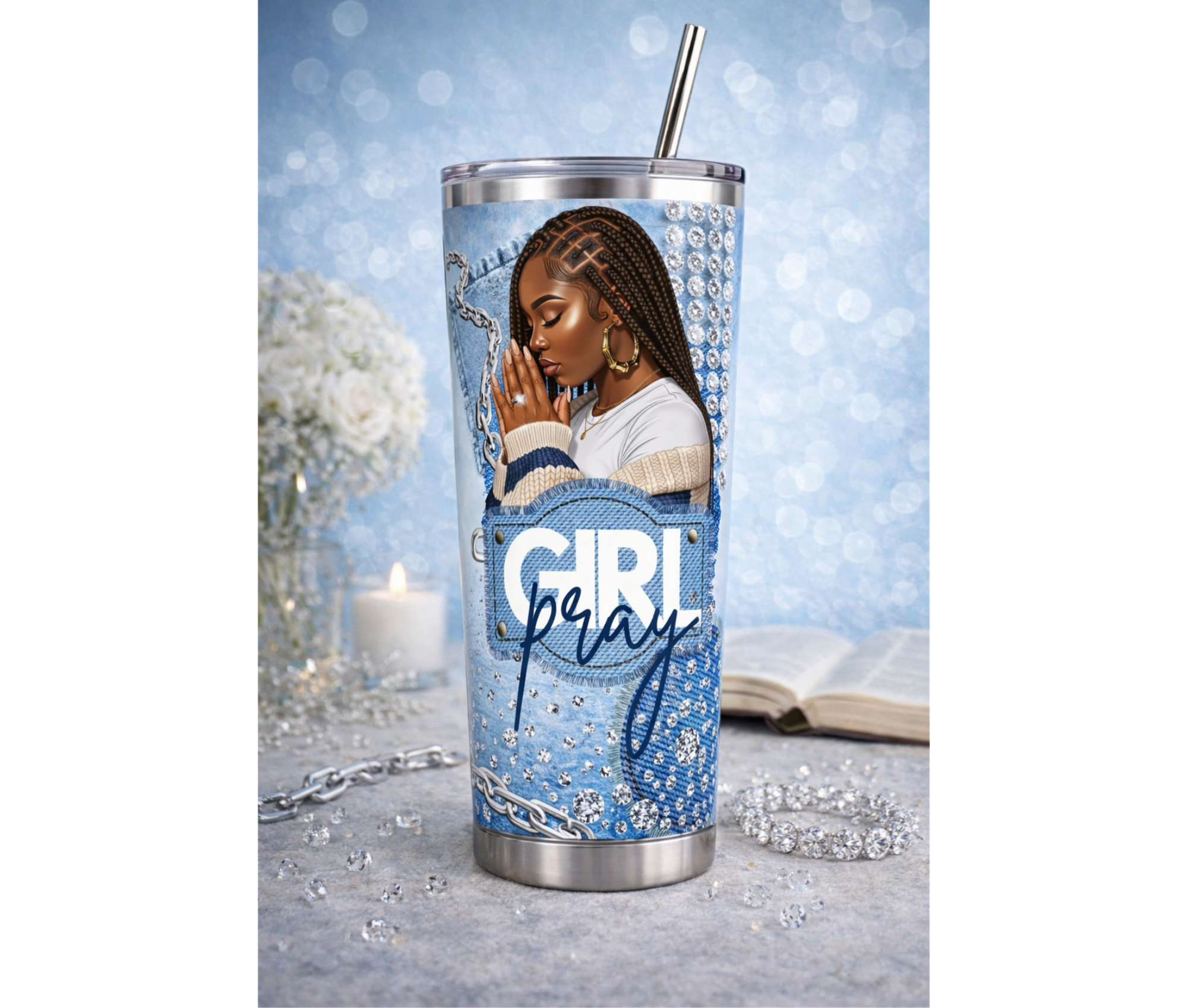 Tumbler with a design of a woman wiht box braids praying, text 'Girl Pray', and decorative elements on a blue background.