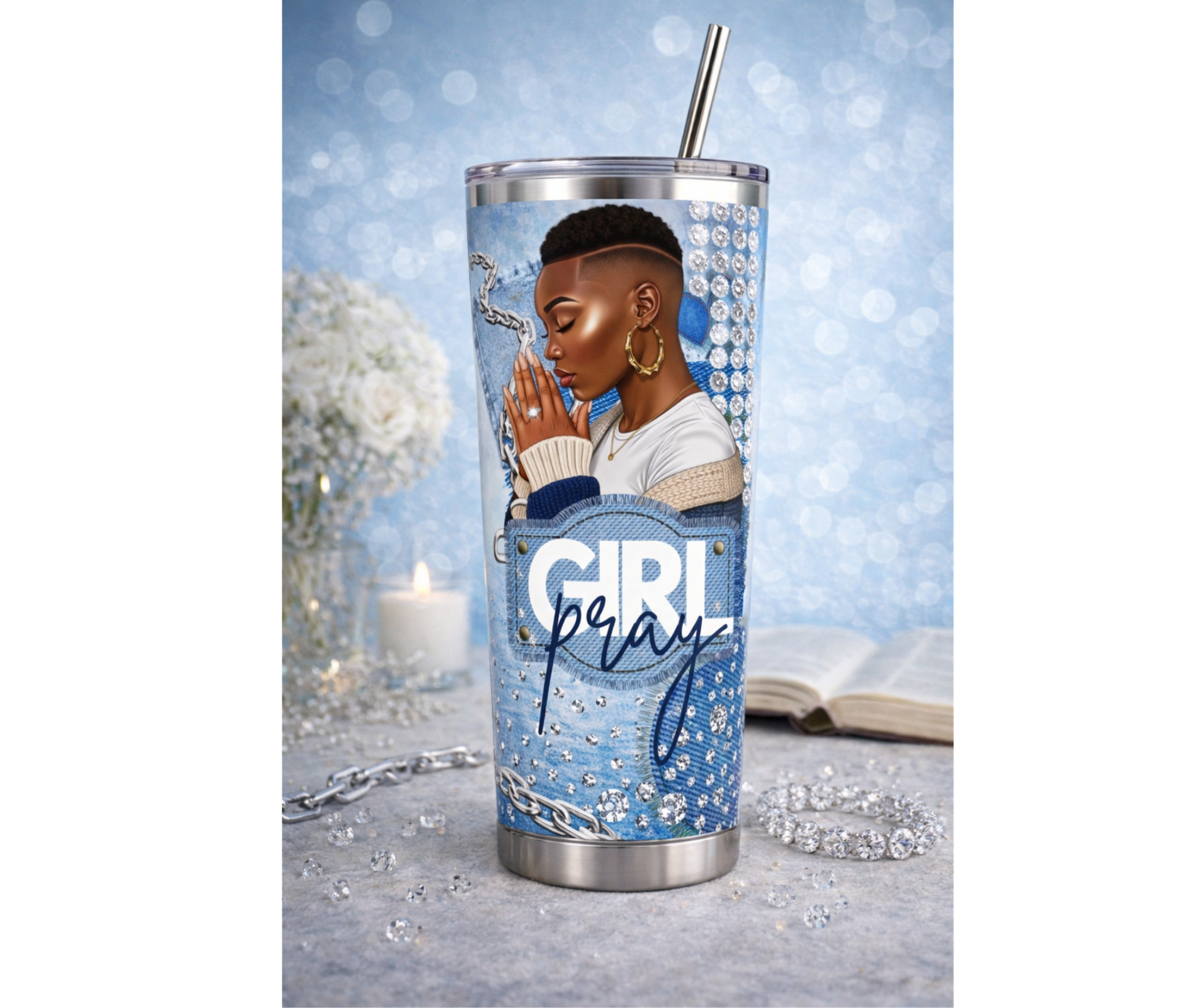 Tumbler with a design of a woman with a short taper praying and the text 'Girl Pray' on a blue background.