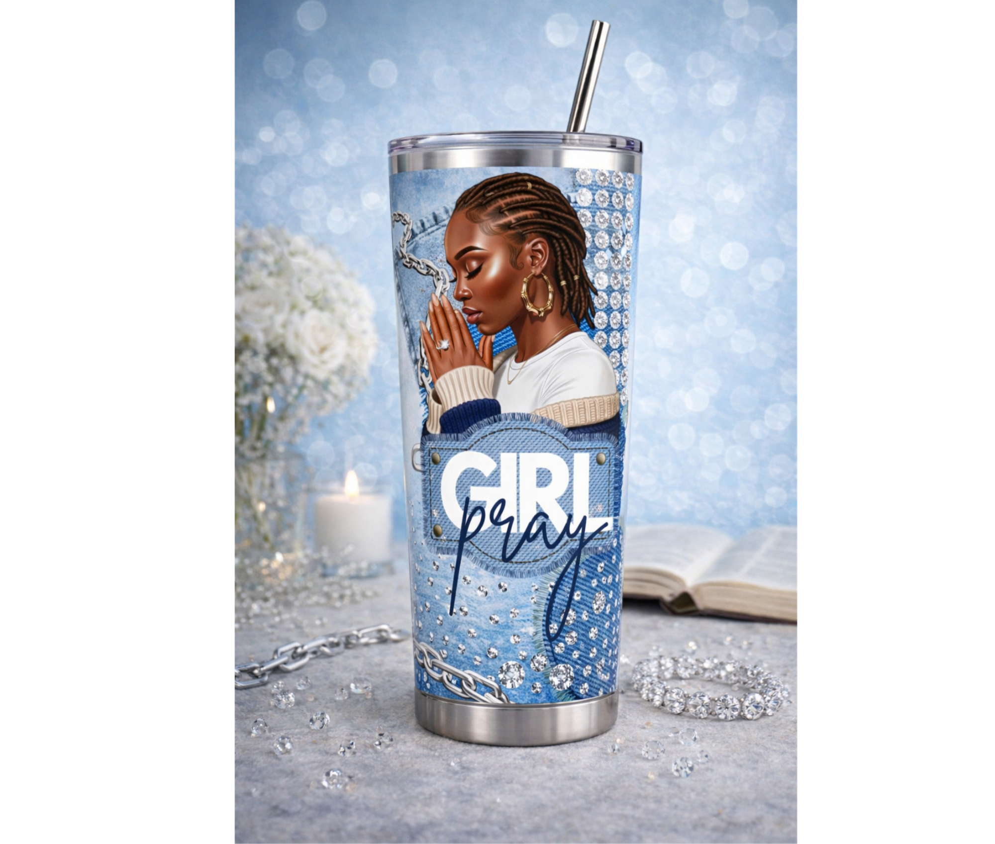 Tumbler with a design of a woman with medium locs praying, text 'Girl Pray', and decorative elements on a blue background.