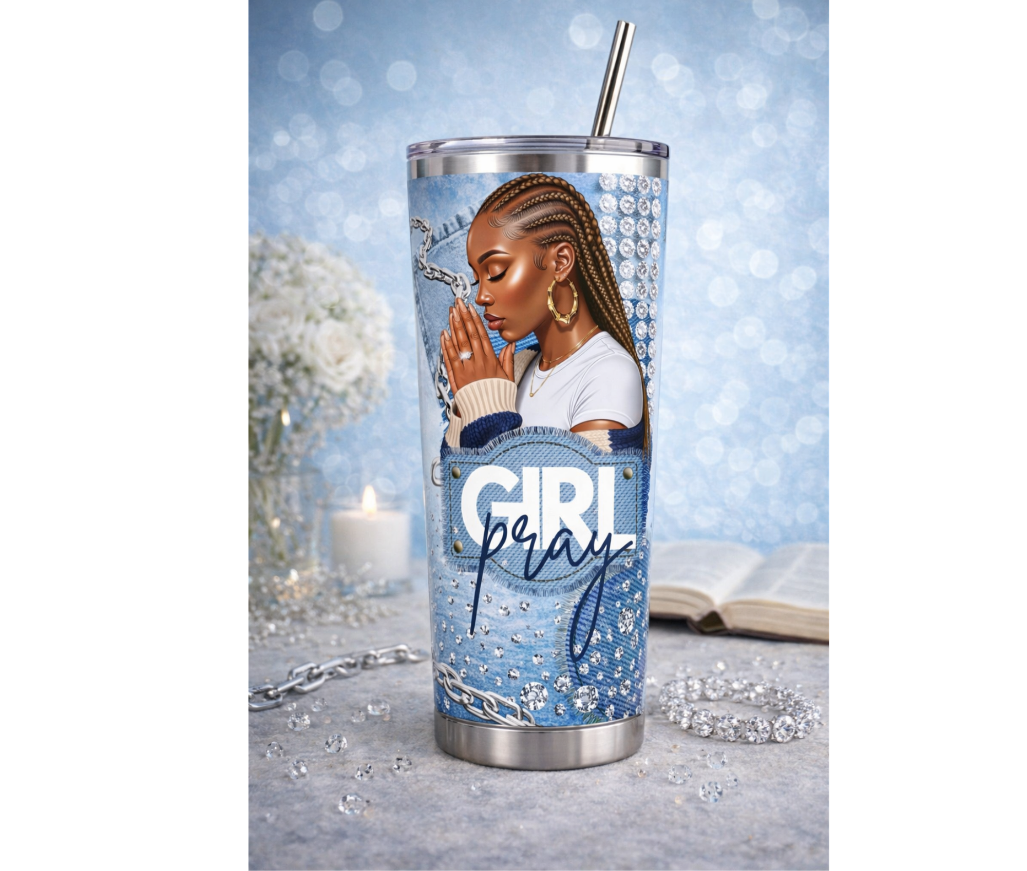 Tumbler with a design of a woman with long braided hairpraying and the text 'GIRL PRAY' on a blue background.