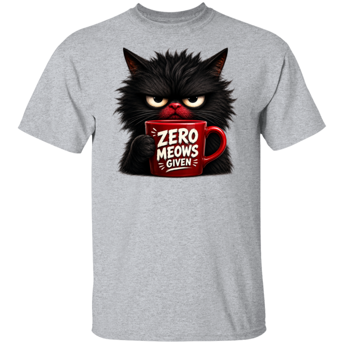 Gray t-shirt with a black cat holding a red mug labeled 'Zero Meows Given' on a white background