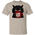 Beige t-shirt with a black cat holding a red mug labeled 'Zero Meows Given' on a white background