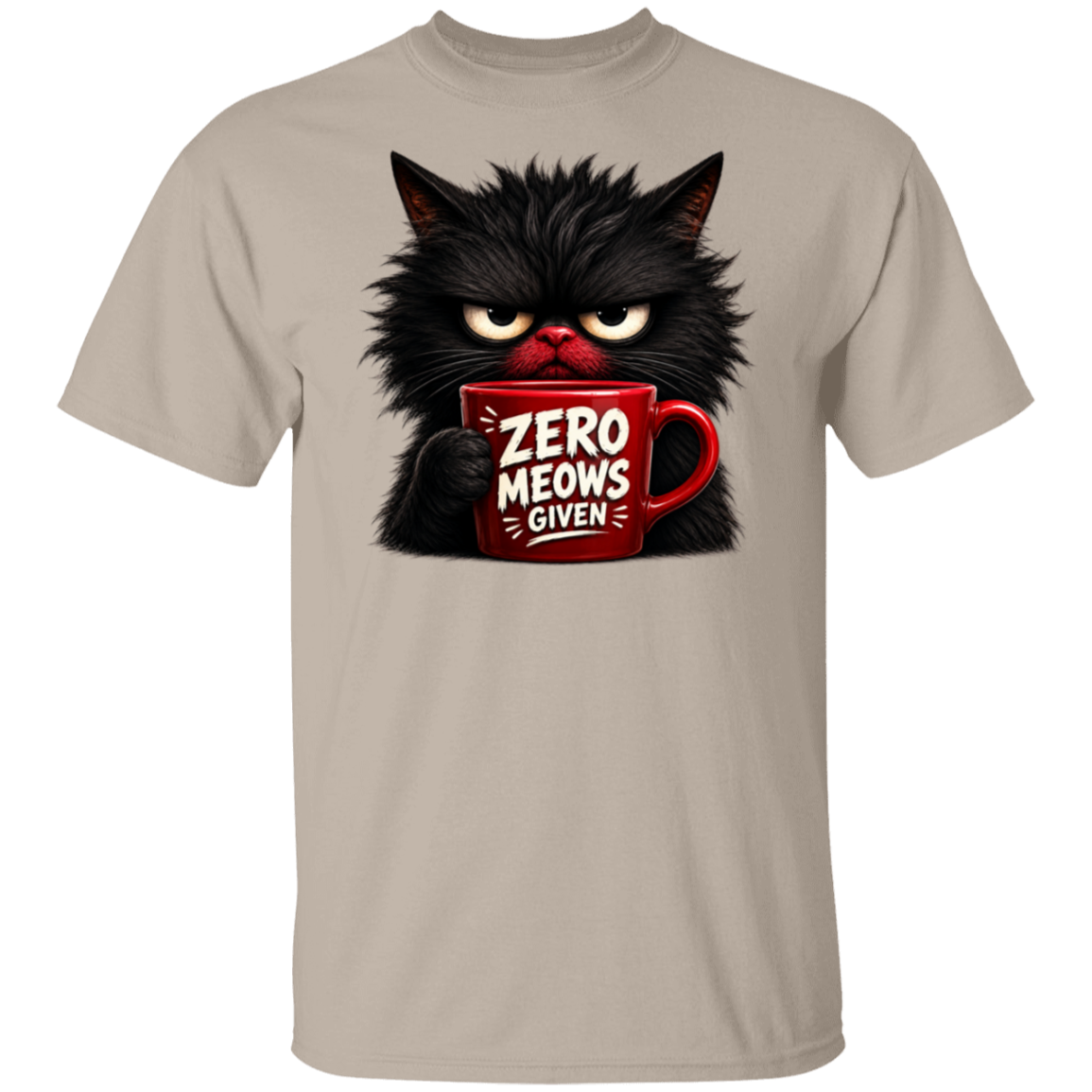 Beige t-shirt with a black cat holding a red mug labeled 'Zero Meows Given' on a white background