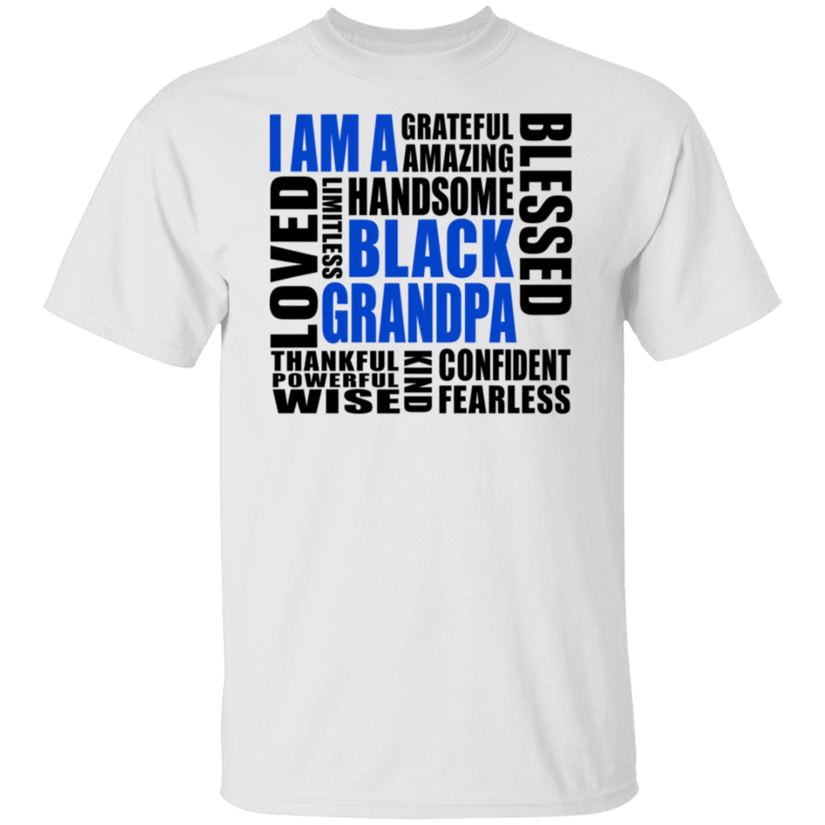 White t-shirt with motivational text in black and blue on a white background