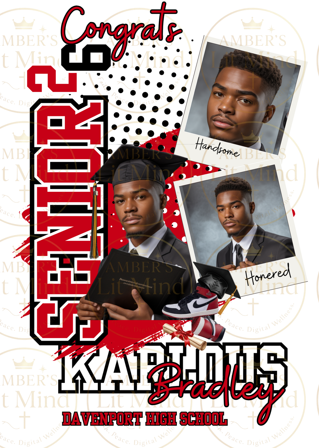 Graduation-themed collage with text and images of a senior, featuring the name 'Kaprius Bradley' from Ravenport High School.