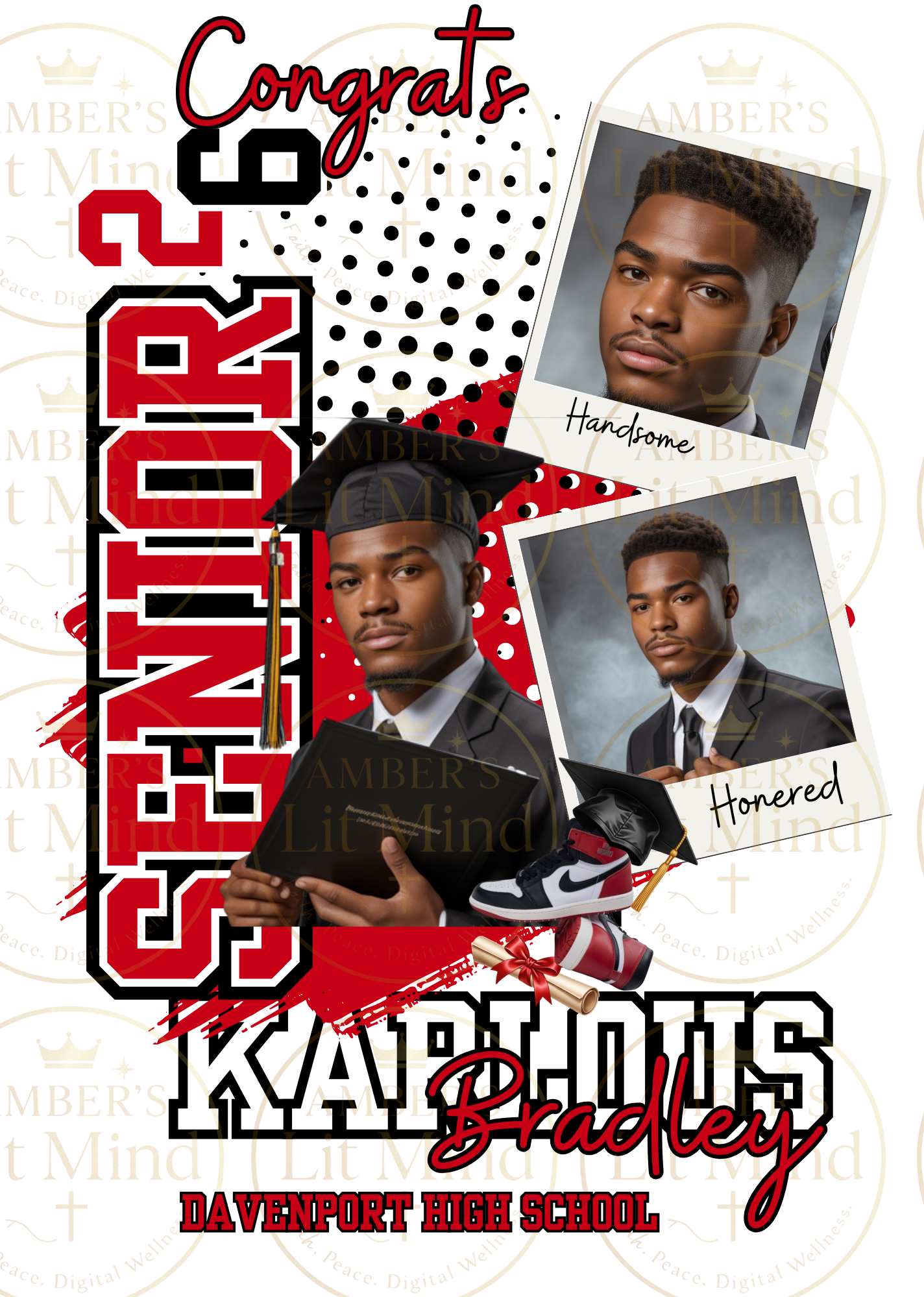Graduation-themed collage with text and images of a senior, featuring the name 'Kaprius Bradley' from Ravenport High School.