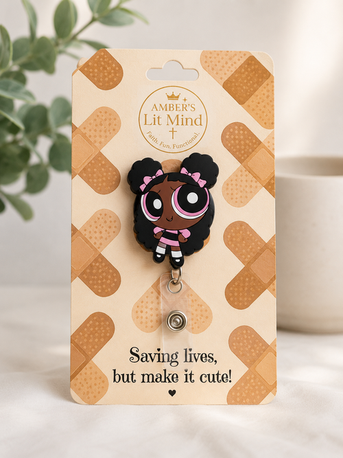 Amber's Lit Mind badge reel with cartoon character on a bandaid-themed card