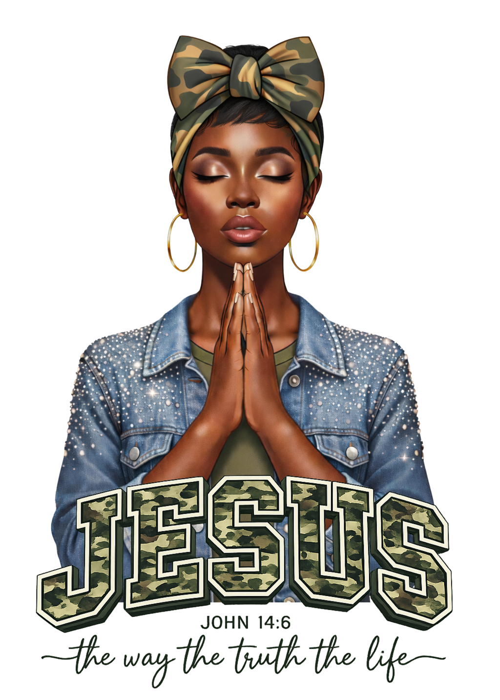 Illustration of a woman with black short hair with 'Jesus' text and John 14:6 verse on a white background