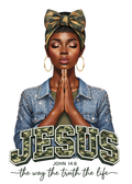 Illustration of a woman with black short hair with 'Jesus' text and John 14:6 verse on a white background