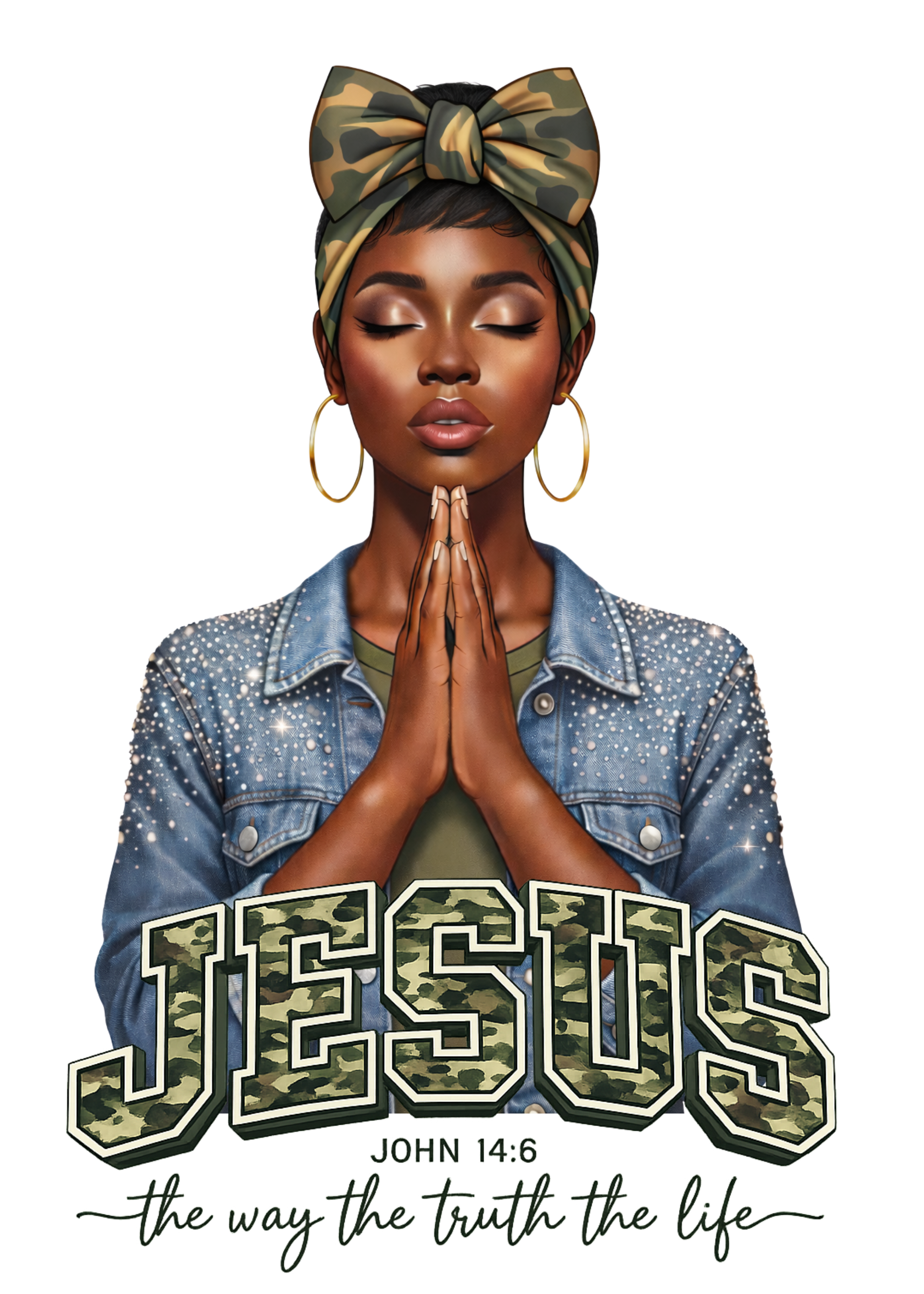 Illustration of a woman with black short hair with 'Jesus' text and John 14:6 verse on a white background