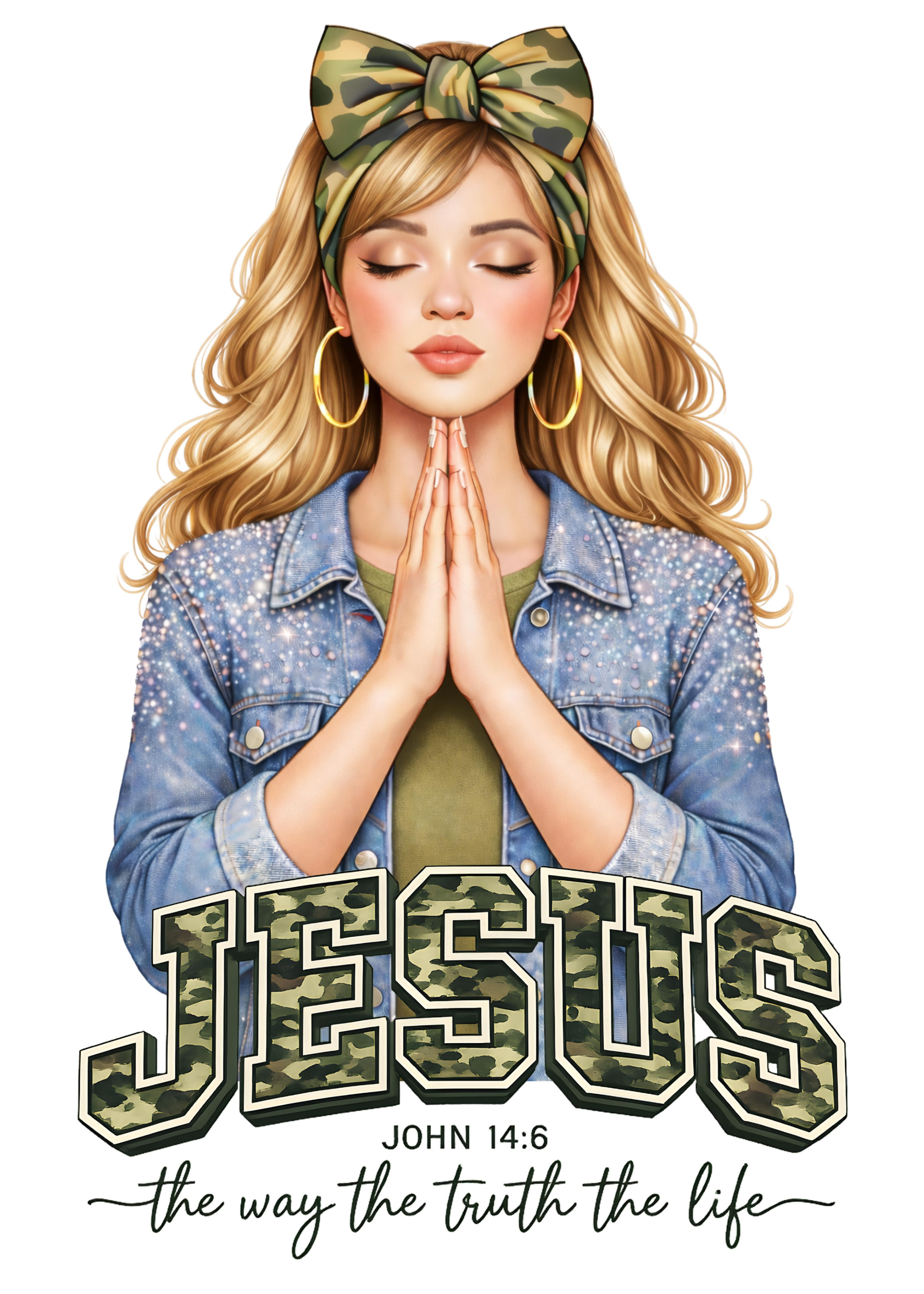 Illustration of a blonde woman with 'Jesus' text and John 14:6 verse on a white background