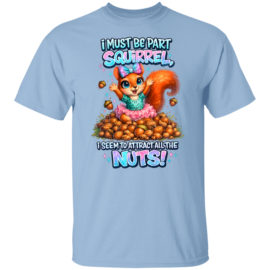 Light blue t-shirt with a cartoon squirrel and text design on a white background