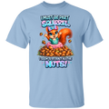 Light blue t-shirt with a cartoon squirrel and text design on a white background