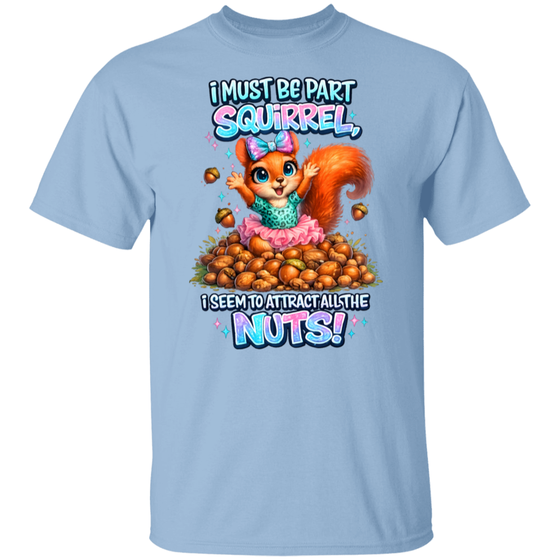 Light blue t-shirt with a cartoon squirrel and text design on a white background