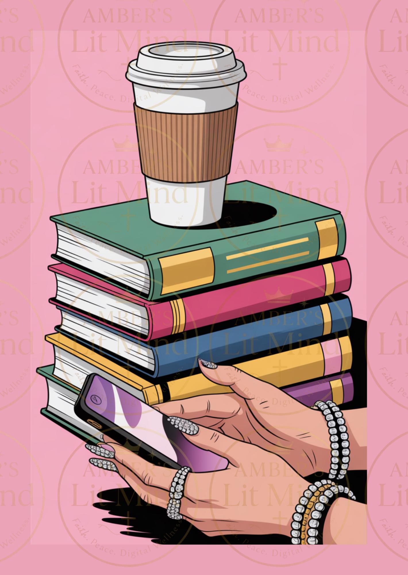 Stack of books with a coffee cup on top, held by a hand using a phone, on a pink background with text.