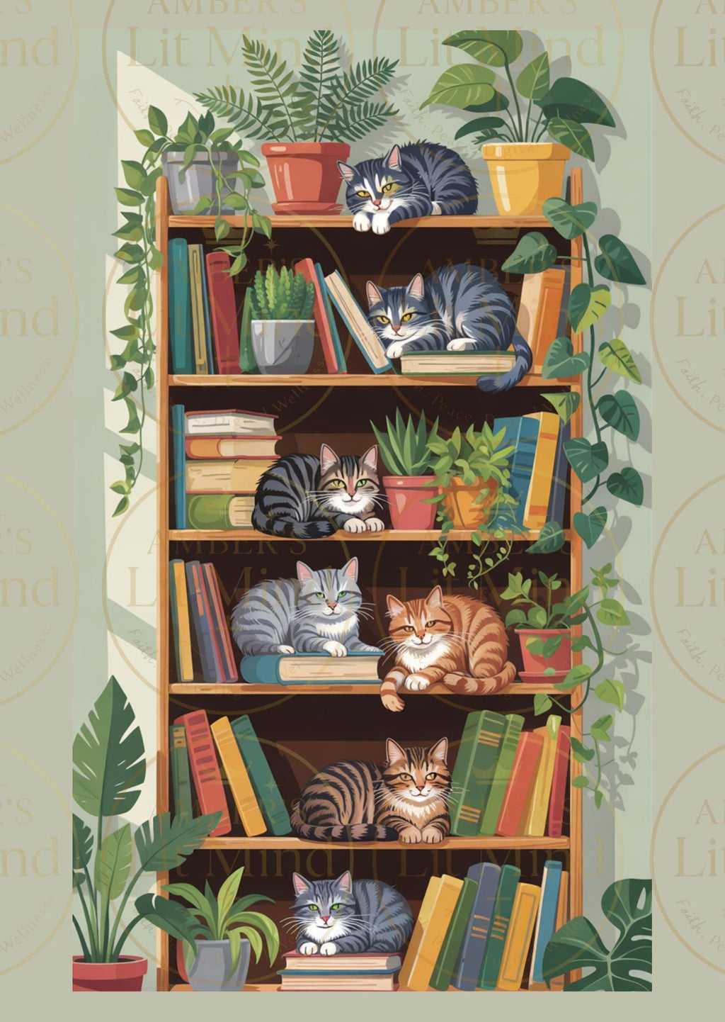 Illustration of a bookshelf with books and cats surrounded by plants on a light background.