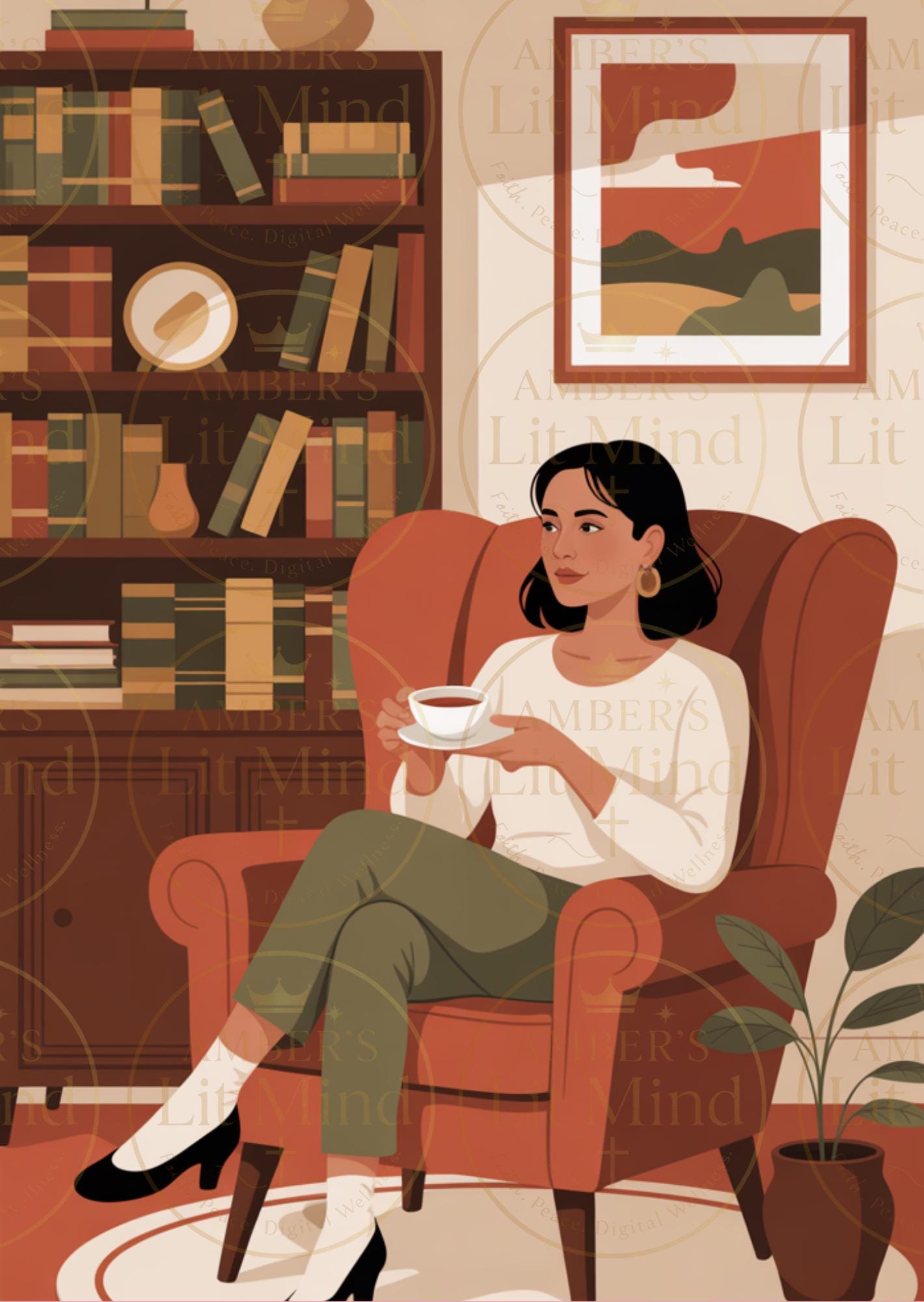 Illustration of a woman sitting in an armchair holding a cup, with a bookshelf and framed picture in the background.