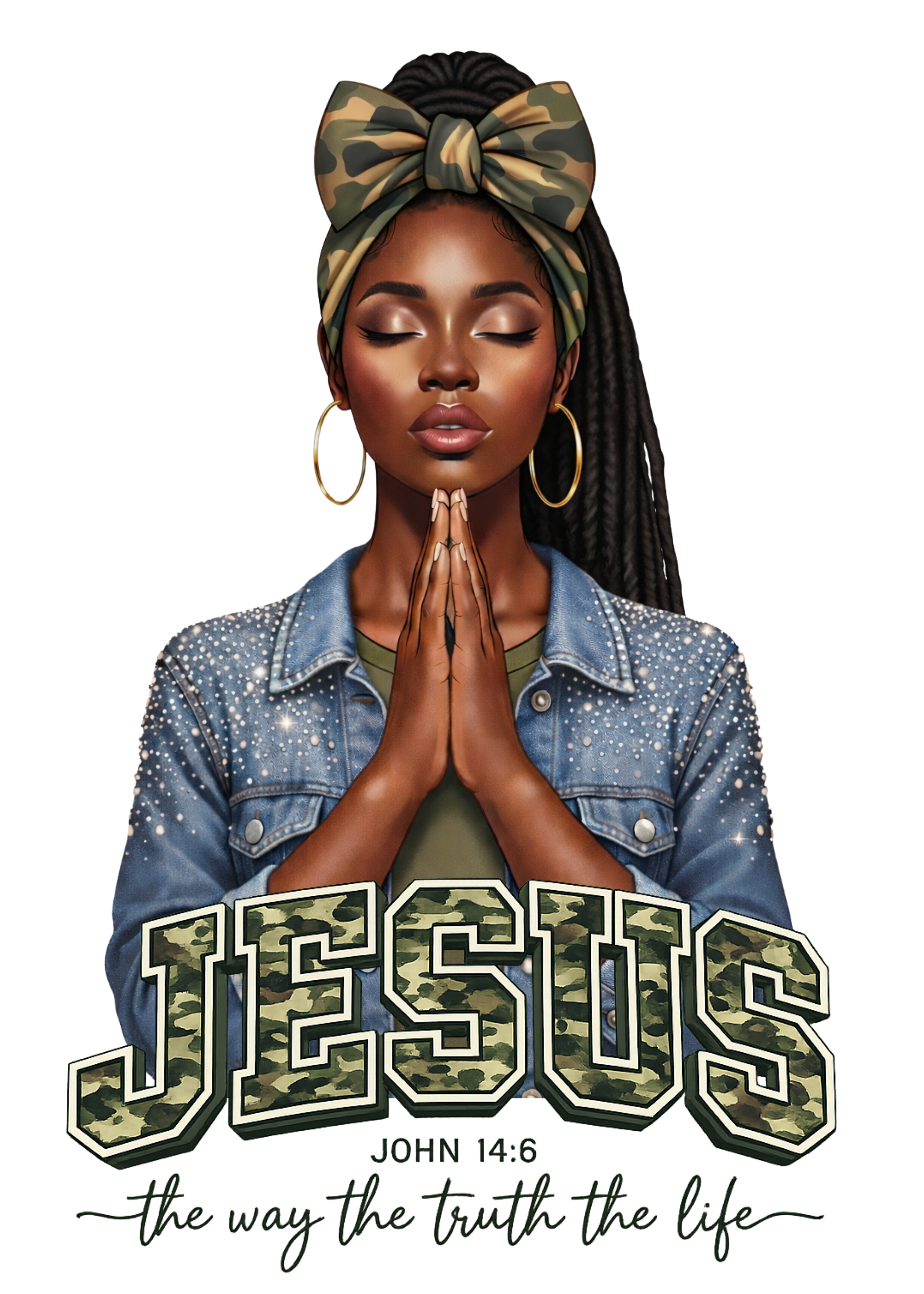 Illustration of a woman with box braids and a bun with 'Jesus' text and John 14:6 verse on a white background