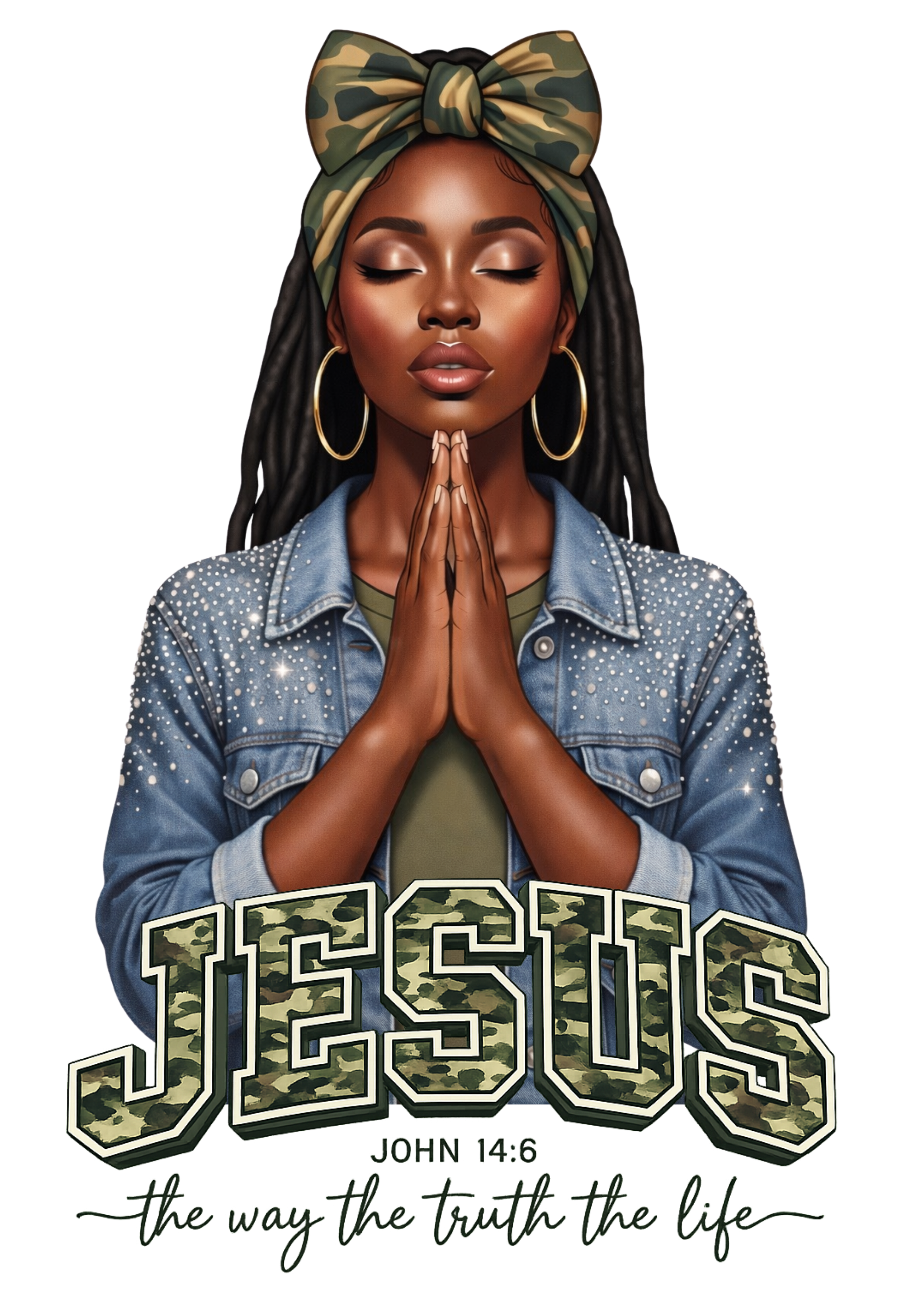 Illustration of a woman with box braids with 'Jesus' text and John 14:6 verse on a white background