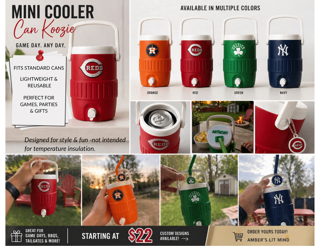 Promotional image of Mini Cooler Can Koozies in various colors with branding and product details.