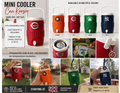 Promotional image of Mini Cooler Can Koozies in various colors with branding and product details.