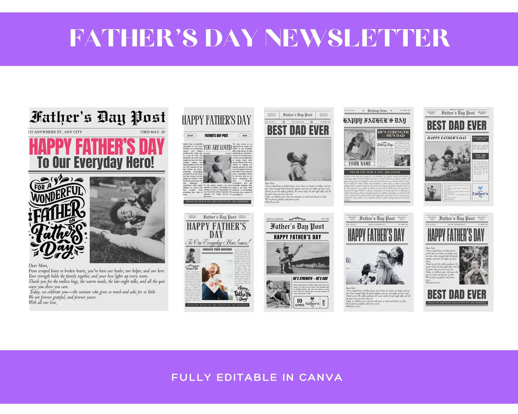 Collection of Father's Day themed newspaper articles with a purple border and text overlay.
