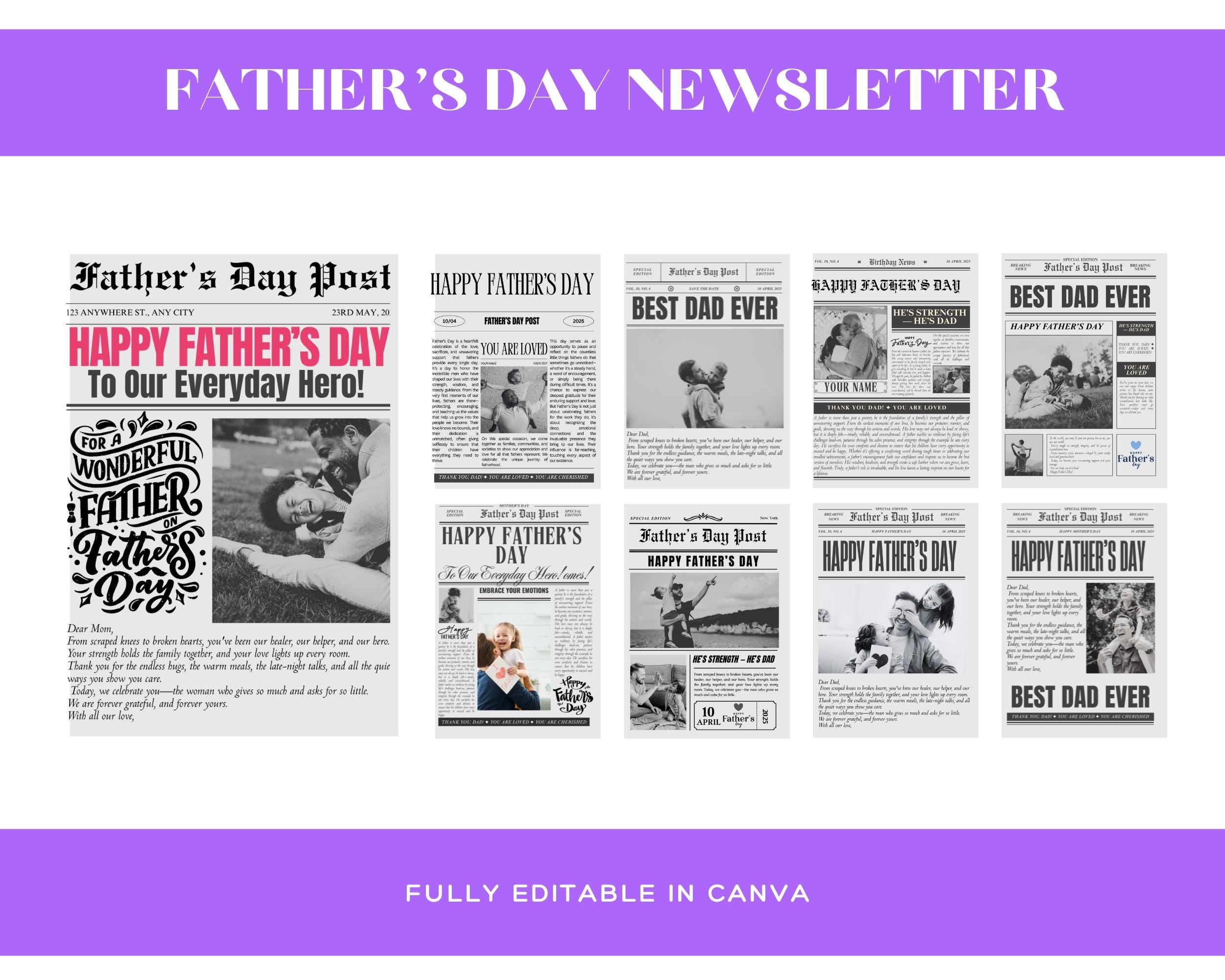Collection of Father's Day themed newspaper articles with a purple border and text overlay.