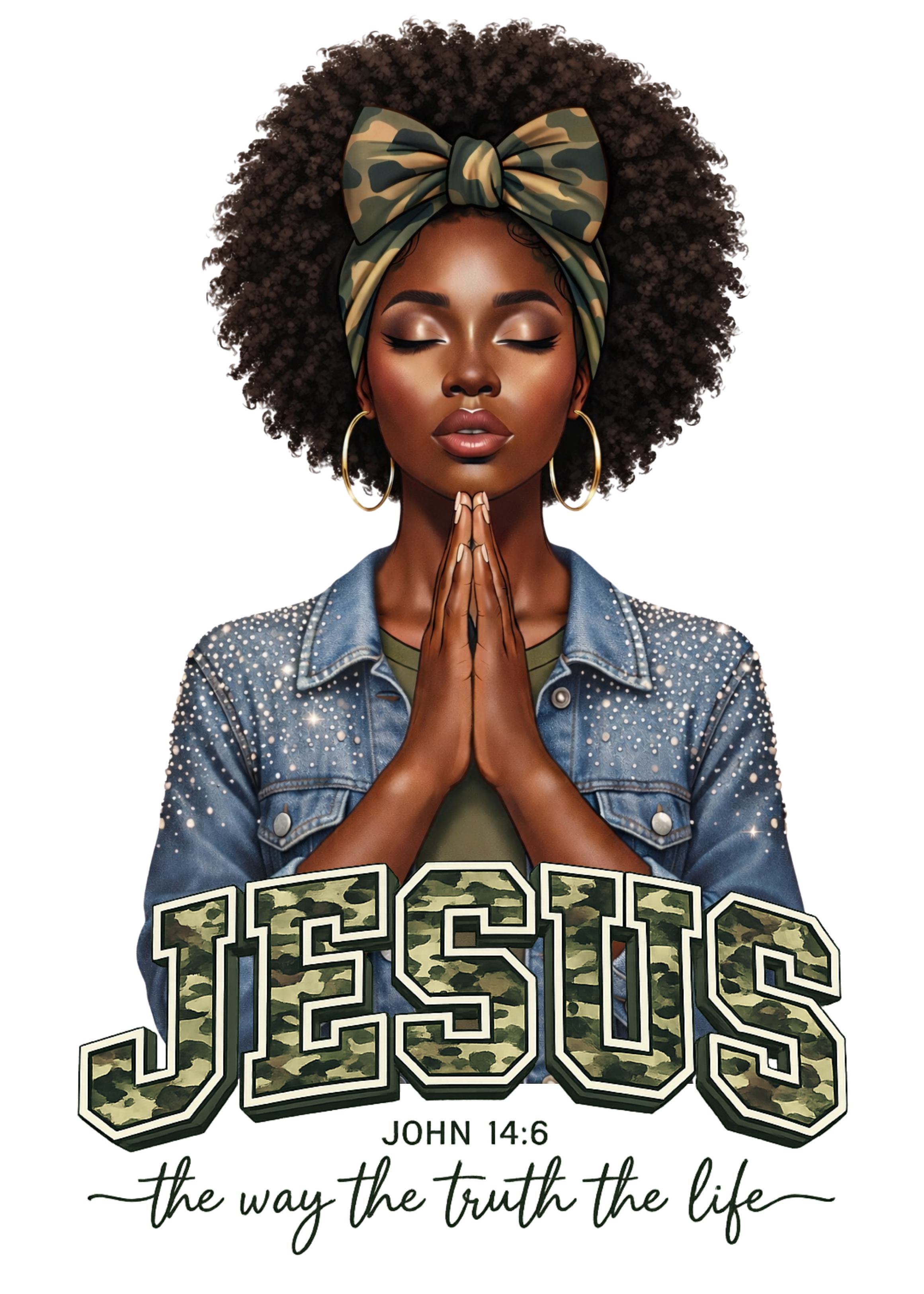 Illustration of a woman with curly fro with 'Jesus' text and John 14:6 verse on a white background