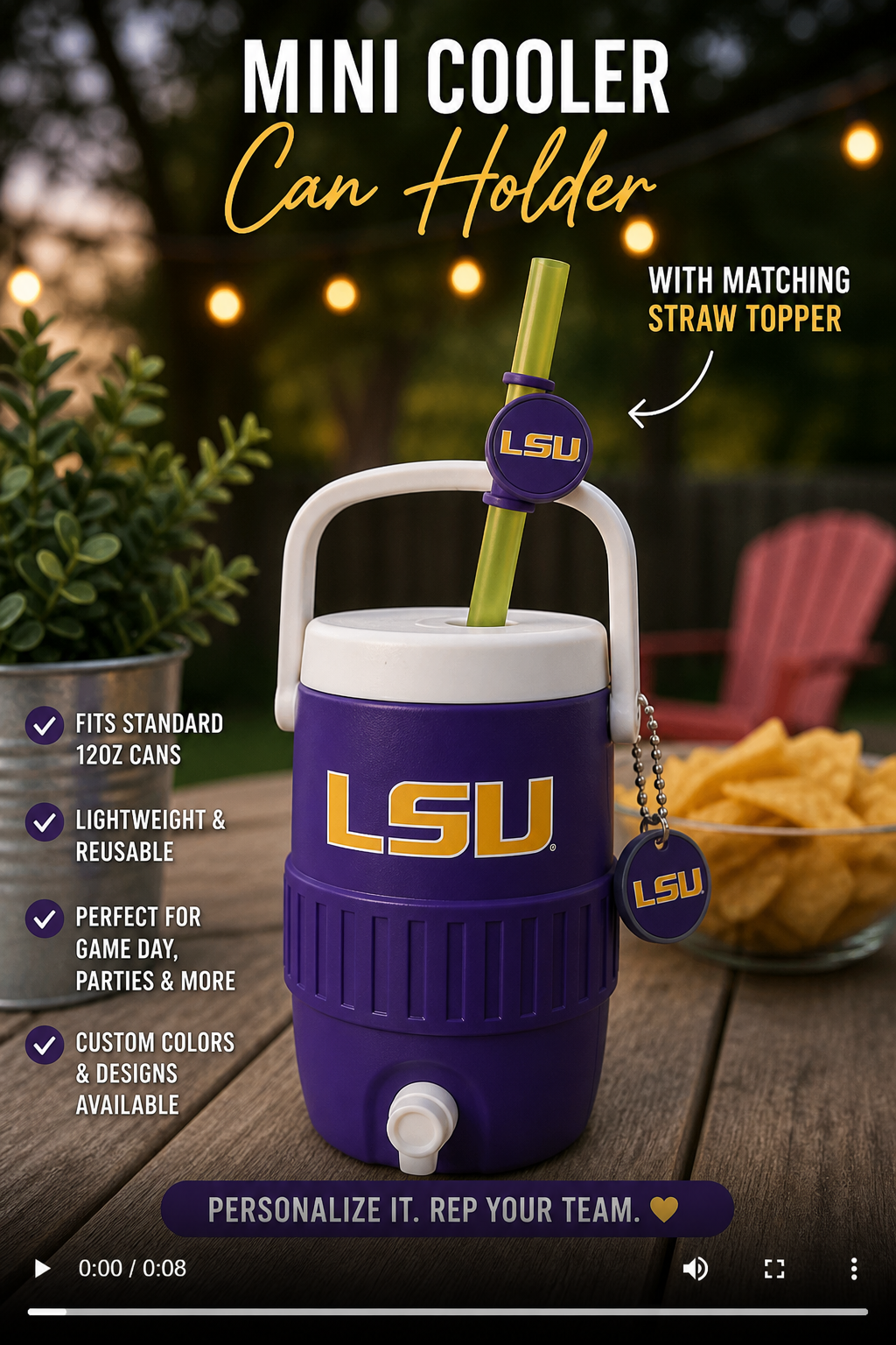 LSU mini cooler can holder with straw topper on a wooden table outdoors.