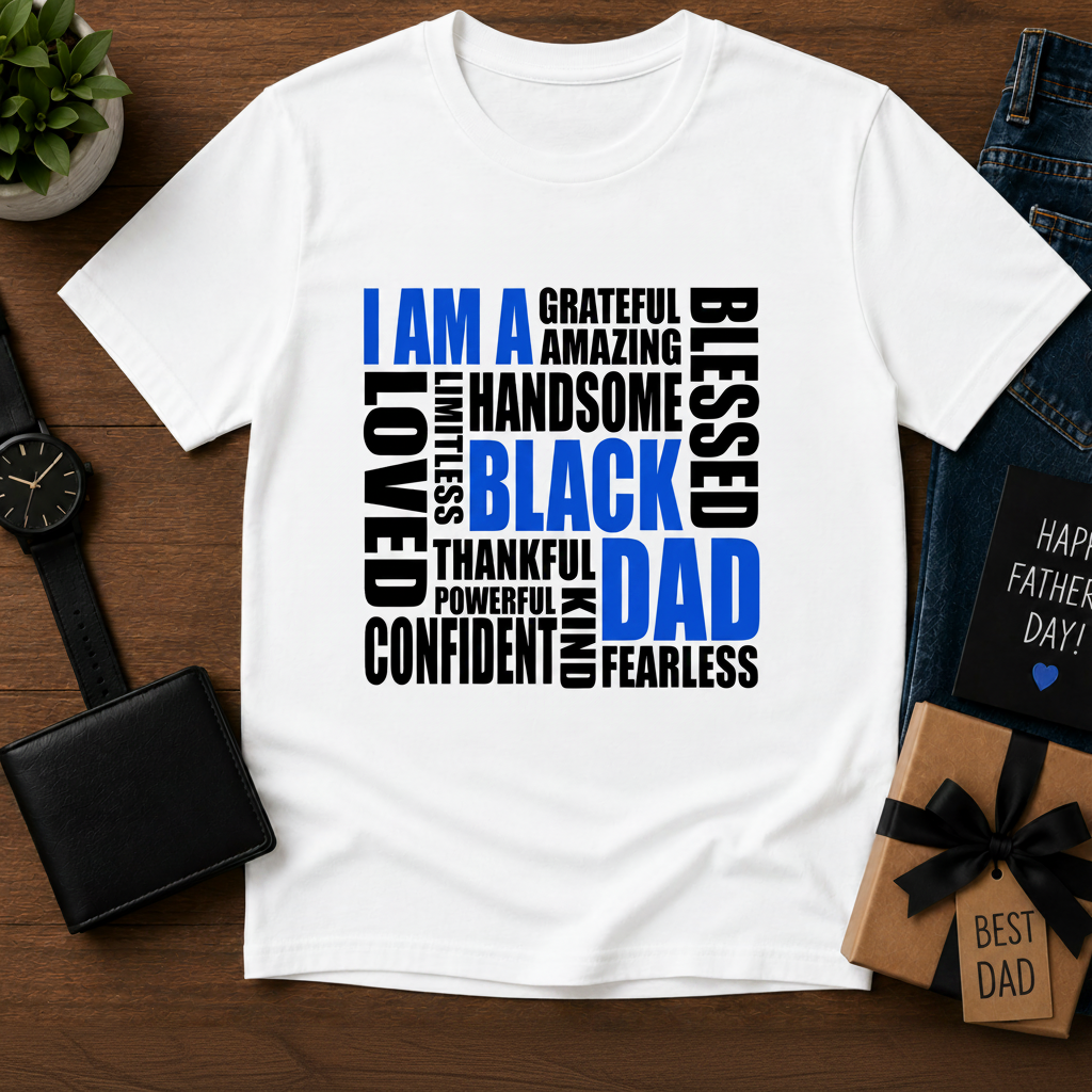 White t-shirt with motivational text design on a wooden surface with accessories.