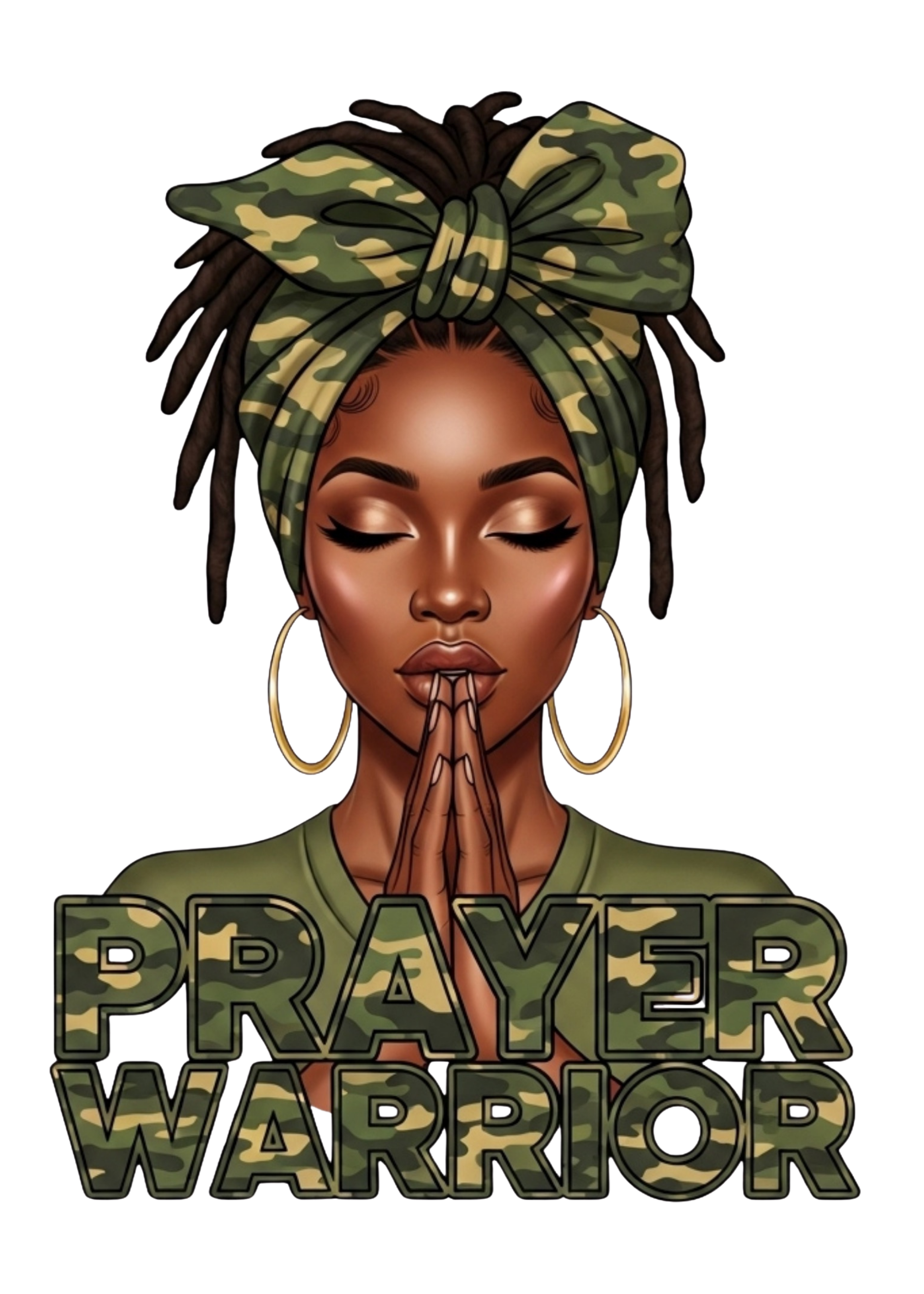 Illustration of a woman with a prayer pose and 'PRAYER WARRIOR' text