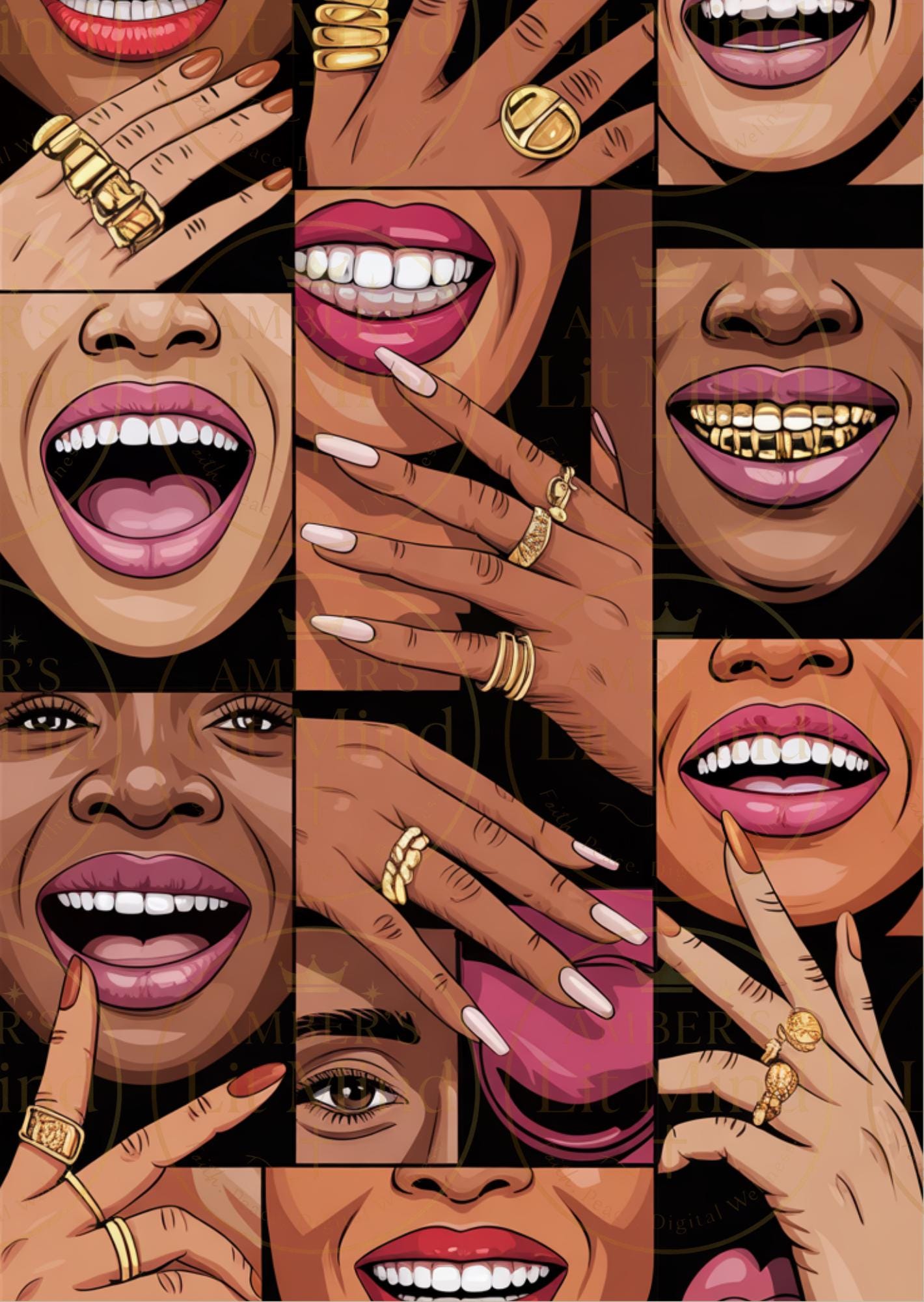 Collage of a woman's face with close-ups of her mouth, hands, and jewelry.