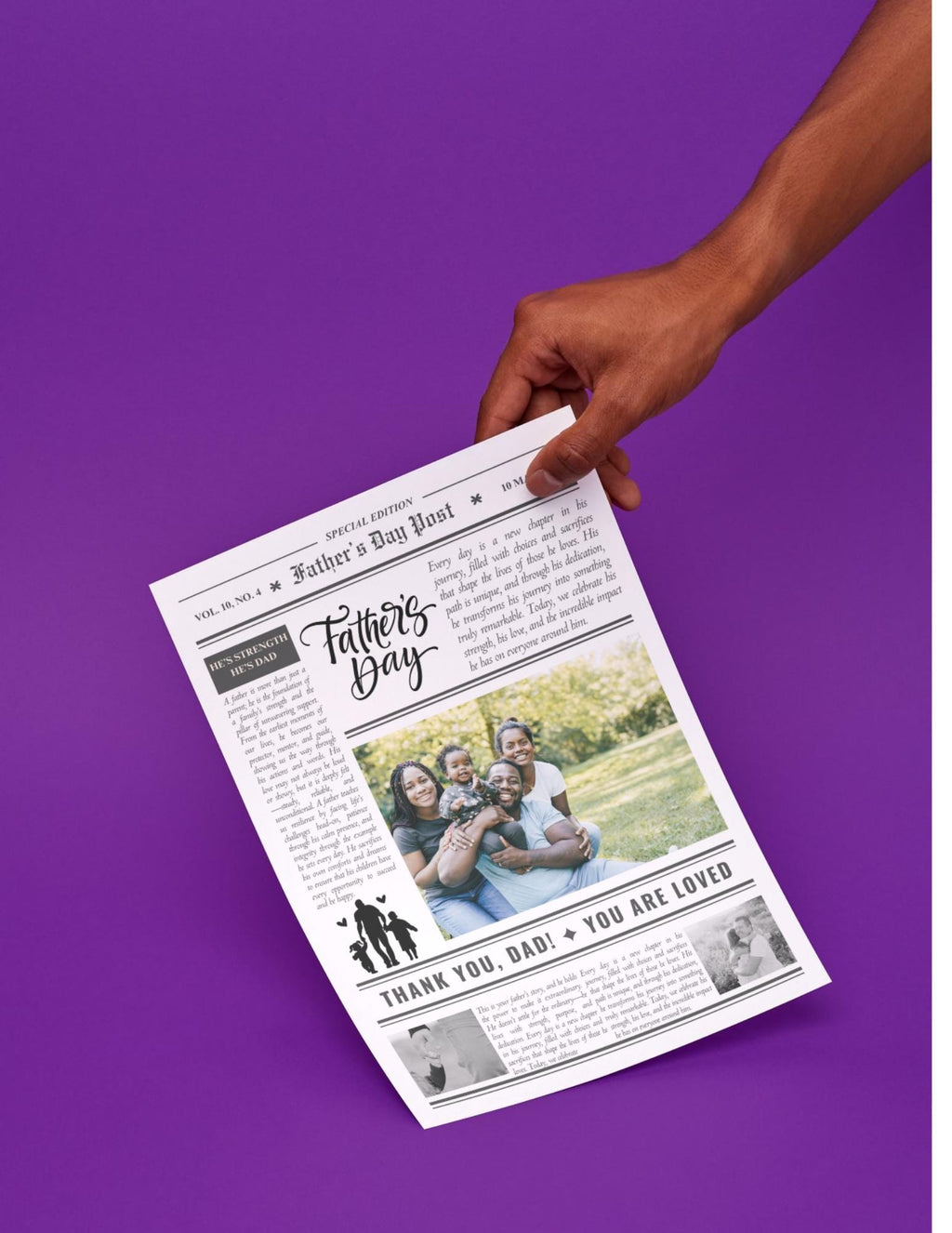 Hand holding a Father's Day themed newspaper on a purple background