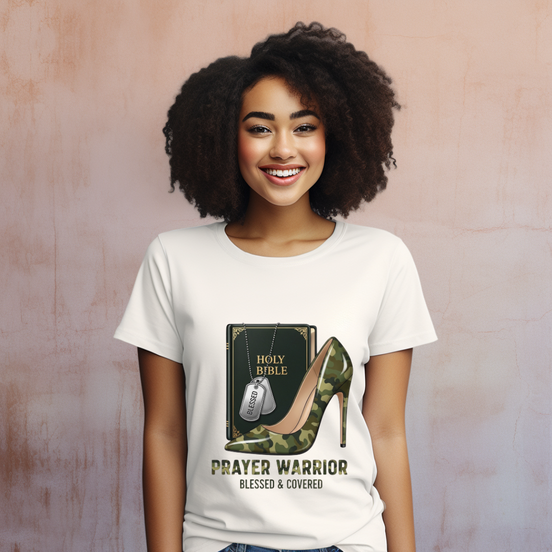 Black female wearing prayer warrior with heel 