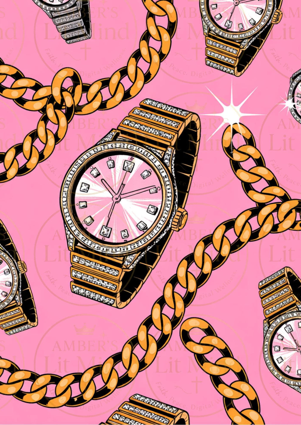 Gold watches and chains on a pink background with 'Antonio Melani' vibes
