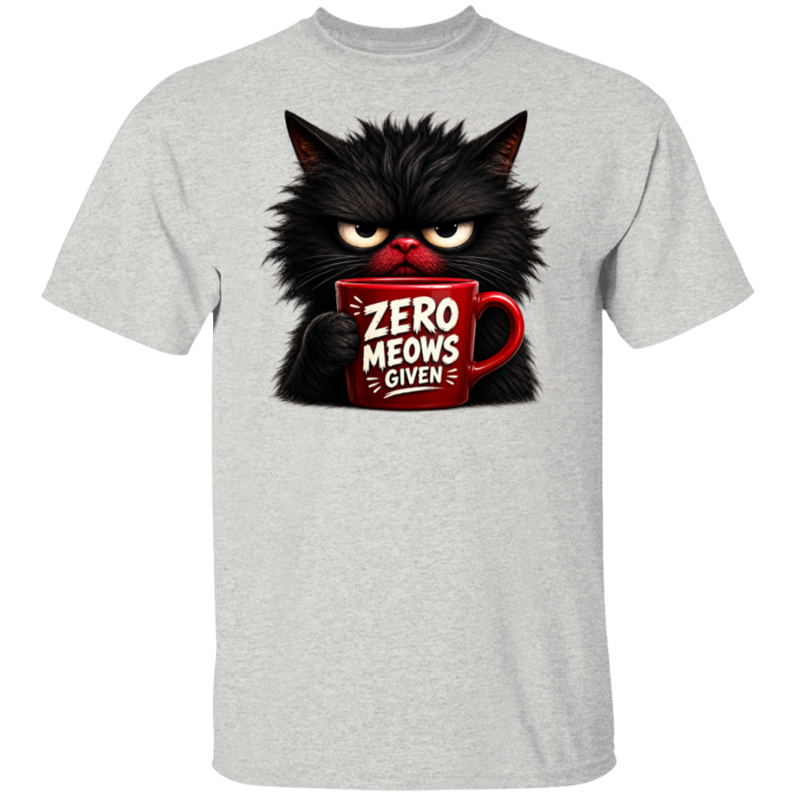 Gray t-shirt with a black cat holding a red mug labeled 'Zero Meows Given' on a white background
