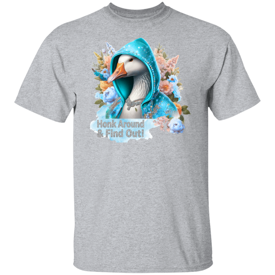 Gray t-shirt with a graphic of a duck in a blue hoodie surrounded by flowers and text on a white background