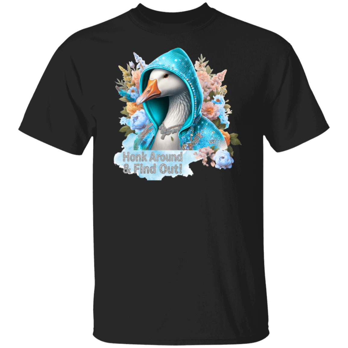 Black t-shirt with a graphic of a duck wearing a blue hoodie surrounded by flowers on a white background.