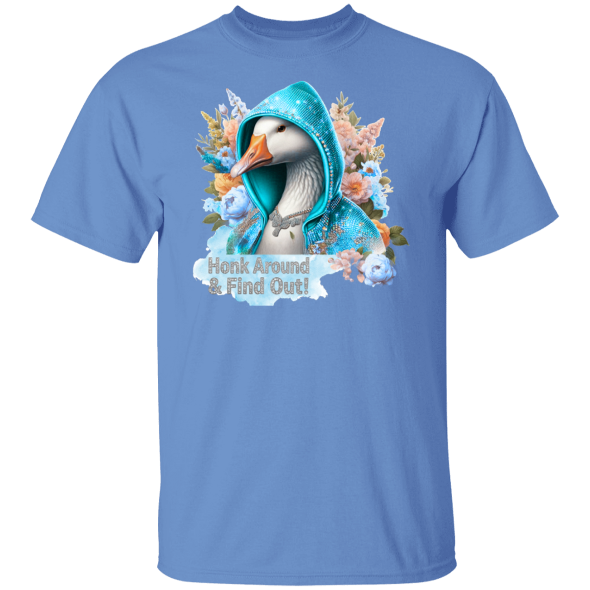 Blue t-shirt with a graphic of a duck in a blue hood and floral elements on a white background