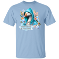 Light blue t-shirt with a graphic of a duck in a blue hoodie surrounded by flowers and text 'Hunk Around & Find Out!' on a white background.