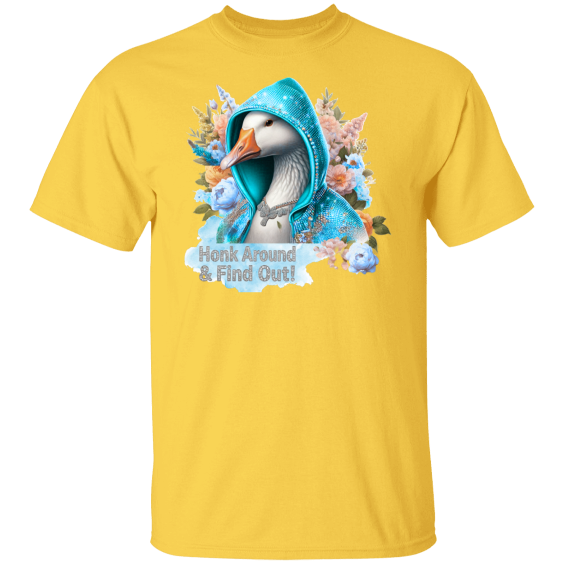 Yellow t-shirt with a duck graphic and text on a white background
